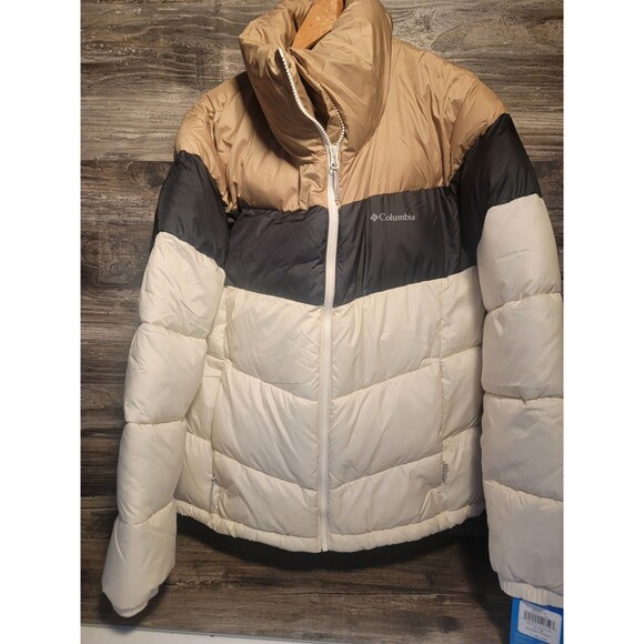 Columbia Puffect Color Blocked Jacket Cream Tan Black MSRP $160 - Womens L New - Picture 1 of 5